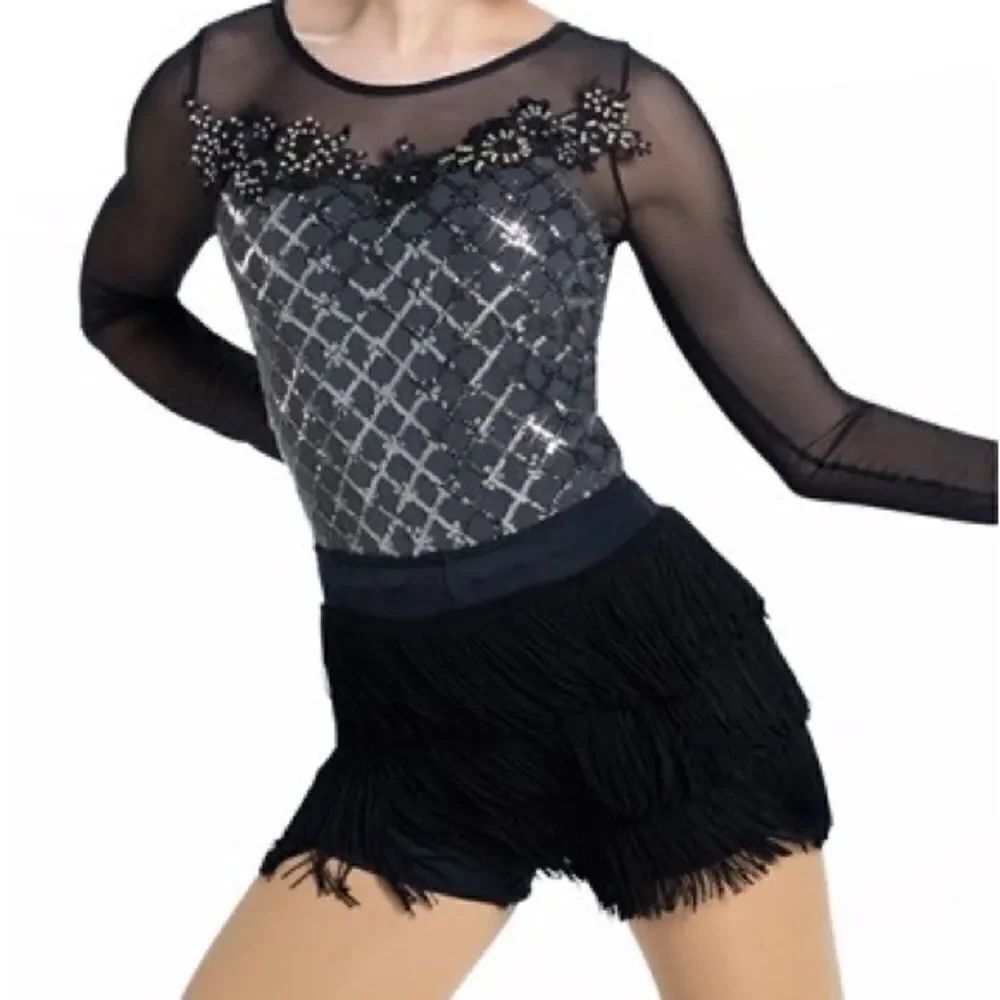 Weissman dance costume fringe 2 piece black Hermann's Boogie 13500 Child MC